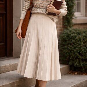 VTG Michele Cream Pleated Union Made Wool Blend Heritage Midi Skirt (Size 9/10)